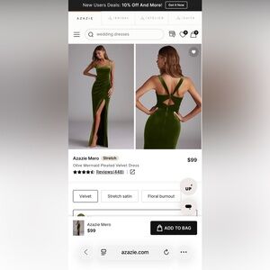 Azazie Olive Mermaid Pleated Velvet Dress